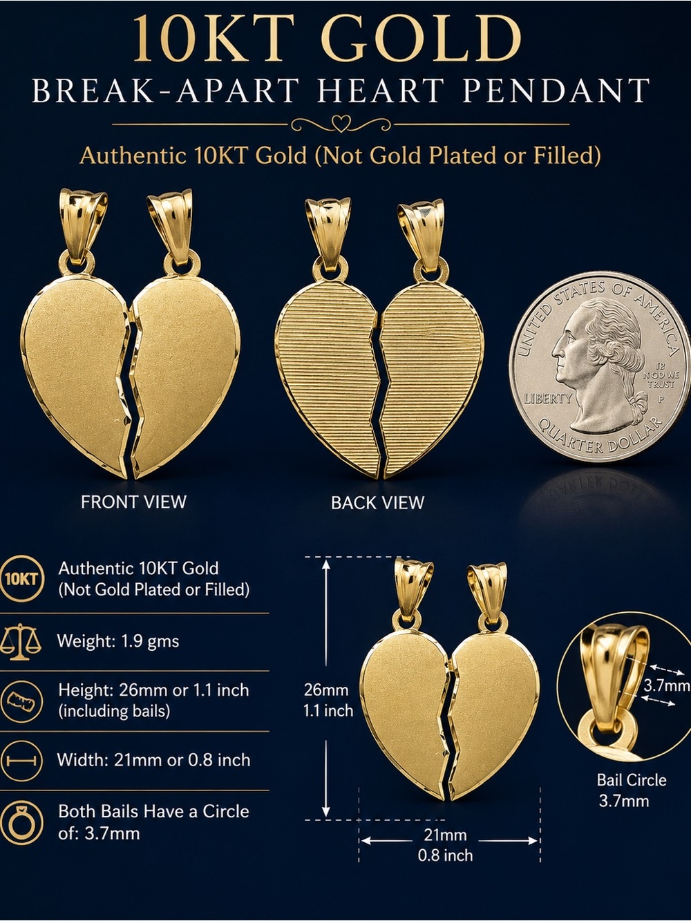 10KT Gold Break-Apart Heart Pendant - Gold